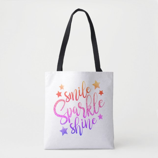 Smile Sparkle and Shine Modern Rainbow Text Tote Bag (Front)