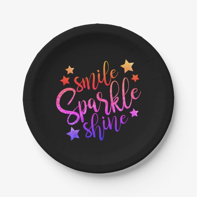 Smile Sparkle Shine Black Multi Coloured Paper Plate (Front)