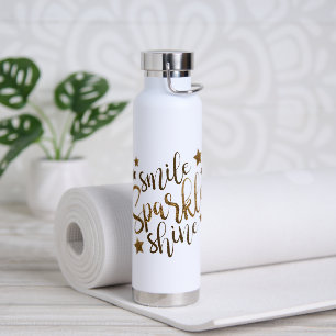 Smile Sparkle Shine Gold Glitter Motivational Wate Water Bottle