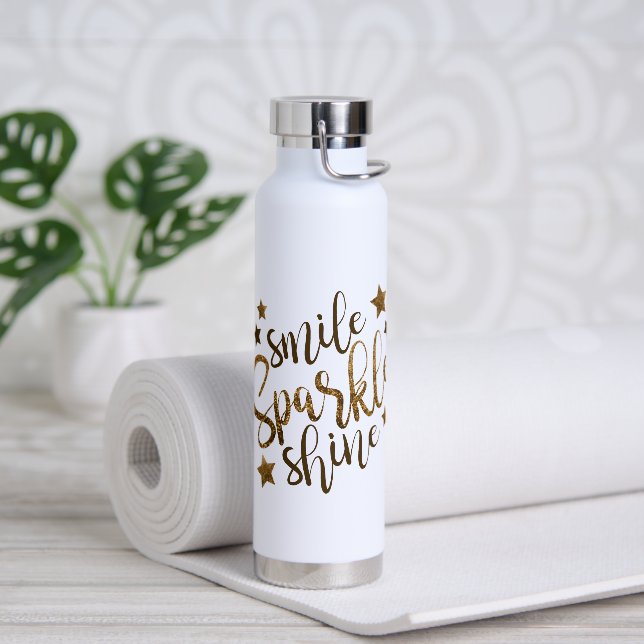 Smile Sparkle Shine Gold Glitter Motivational Wate Water Bottle (Yoga)