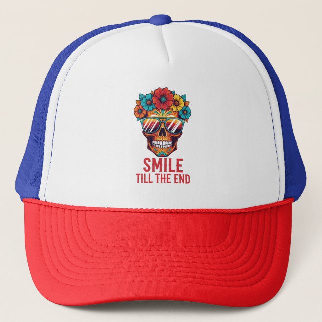 Smile Till The End – Colourful Skull Art Hat (Front)