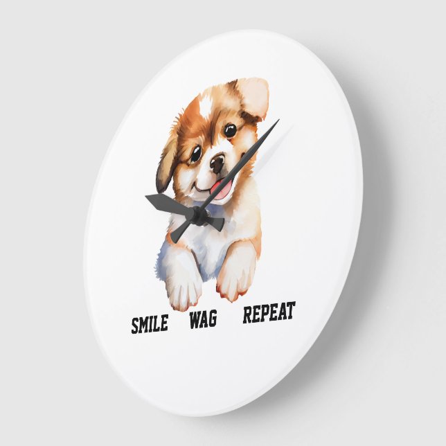 SMILE WAG REPEAT -ADORABLE DOG LARGE CLOCK (Angle)