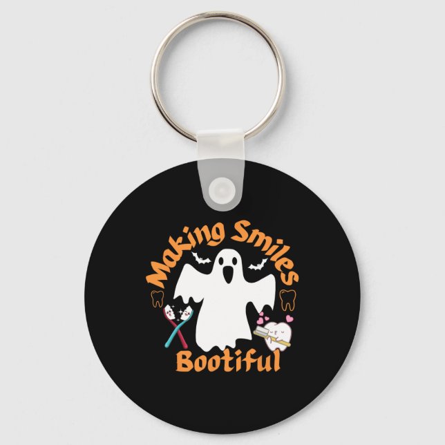 Smiles Bootiful Funny Ghost Dentist Halloween Dent Keychain (Front)