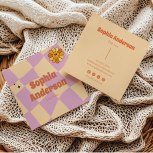 Smiley Flower Retro Chequerboard – Peach & Purple  Square Business Card