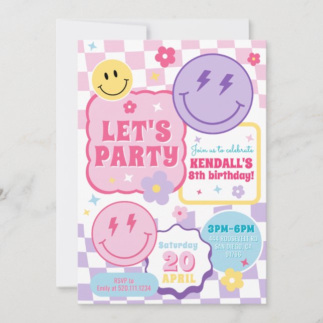 Smiley Preppy Face Colorful Birthday Invitation (Devant)