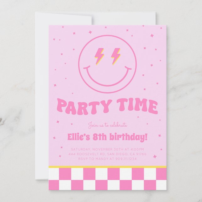Smiley Preppy Face Girl Pink Birthday Invitation (Front)