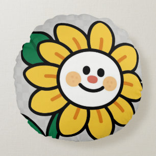 Smiley Sunflower on a Checkered Day Round Pillow
