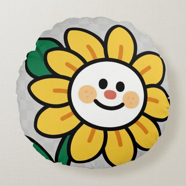 Smiley Sunflower on a Chequered Day Round Pillow (Front)