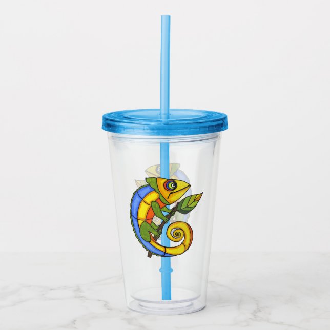 Smiling Abstract Brightly Colored Lizard With Leaf Acrylic Tumbler (Front)