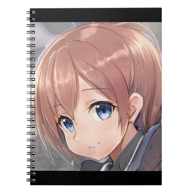 Smiling anime girl manga brown haired blue eyed notebook (Front)