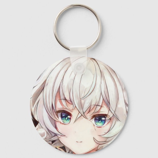 Smiling anime girl manga silver haired green eyed  keychain (Front)