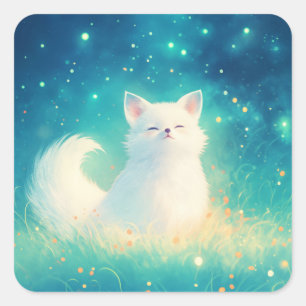 Smiling Arctic Fox in Magical Starry Night Sky Square Sticker