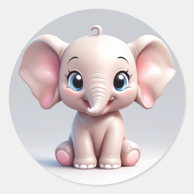 Smiling Baby Elephant with Blush Cheeks, kawaii Classic Round Sticker (Front)