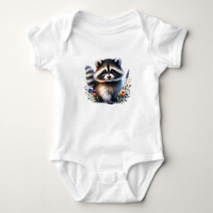 Smiling Baby Raccoon in Flowers Bodysuit