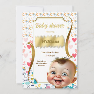Smiling Baby Shower with Gold Frame and Hearts Invitation