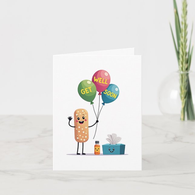 Smiling bandaid with balloons get well card (Front)