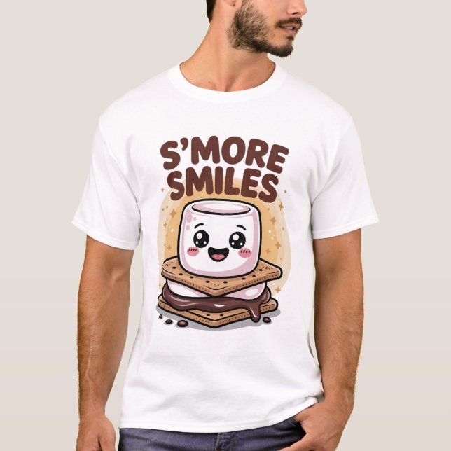 Smiling Beige Kawaii Marshmallow Chocolate Cartoon T-Shirt (Front)
