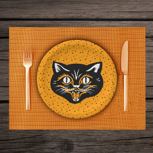 Smiling Black and Orange Halloween Cat Face Stars Paper Plate