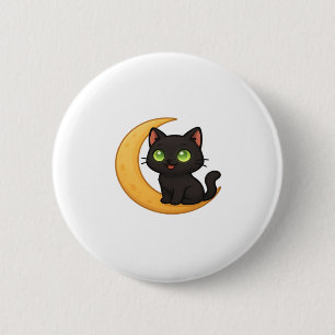 Smiling Black Cat with Glowing Green Eyes Sitting  2 Inch Round Button