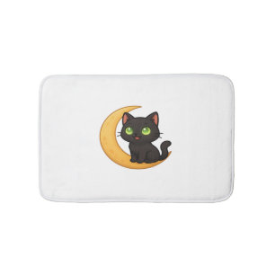 Smiling Black Cat with Glowing Green Eyes Sitting  Bath Mat