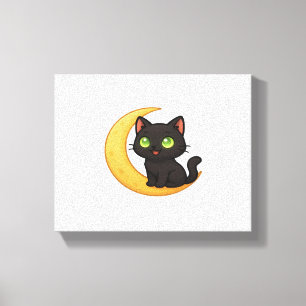 Smiling Black Cat with Glowing Green Eyes Sitting  Canvas Print