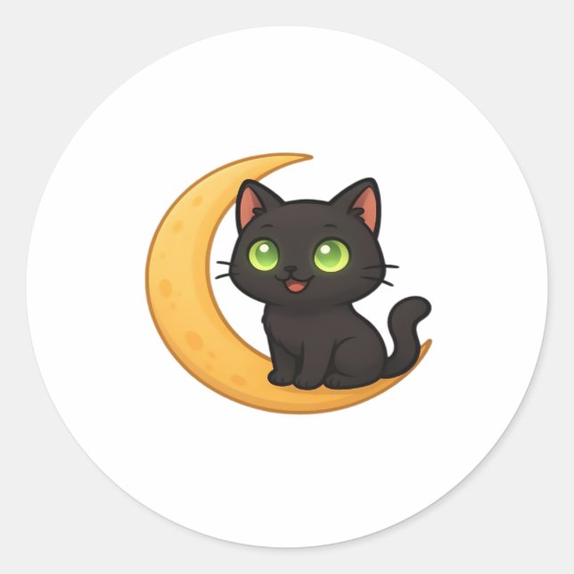 Smiling Black Cat with Glowing Green Eyes Sitting  Classic Round Sticker (Front)