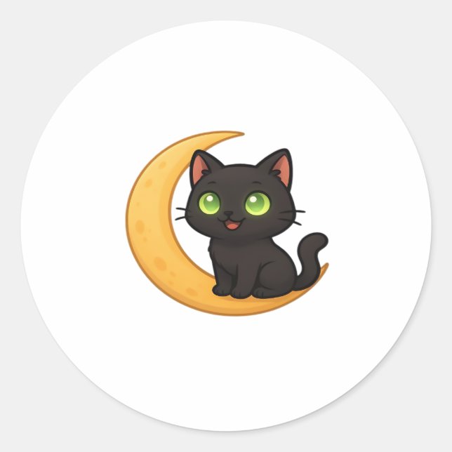 Smiling Black Cat with Glowing Green Eyes Sitting  Classic Round Sticker (Front)