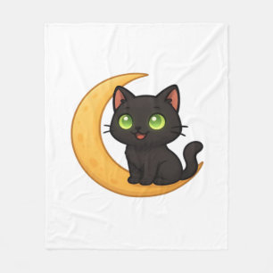 Smiling Black Cat with Glowing Green Eyes Sitting  Fleece Blanket