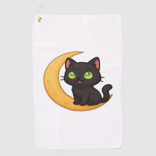 Smiling Black Cat with Glowing Green Eyes Sitting Golf Towel