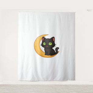 Smiling Black Cat with Glowing Green Eyes Sitting Tapestry