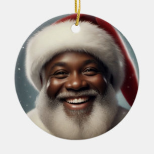 Smiling Black Santa Family Customize Circle Ceramic Ornament