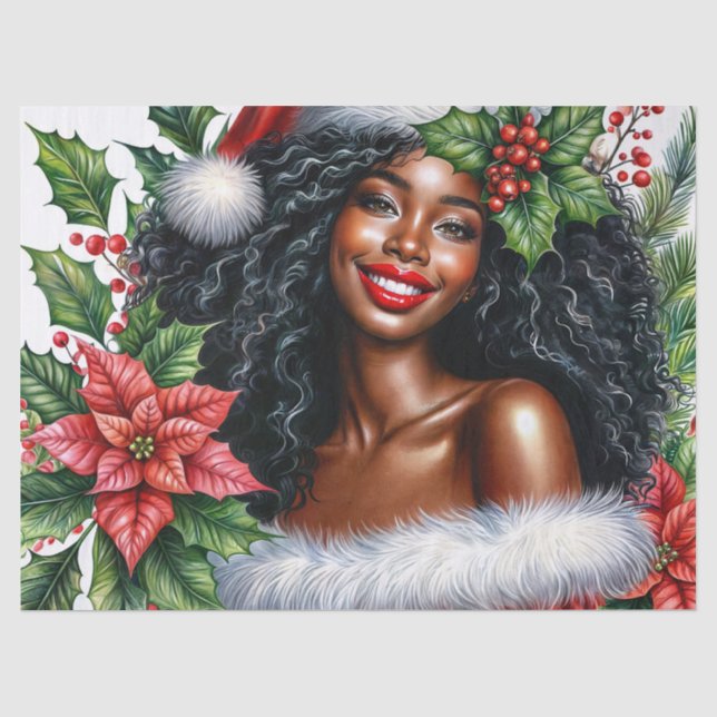 Smiling Black Woman In Santa Hat Christmas Tissue Paper (Front)