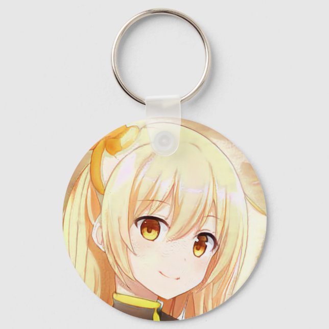 Smiling blonde girl with amber eyes anime manga keychain (Front)