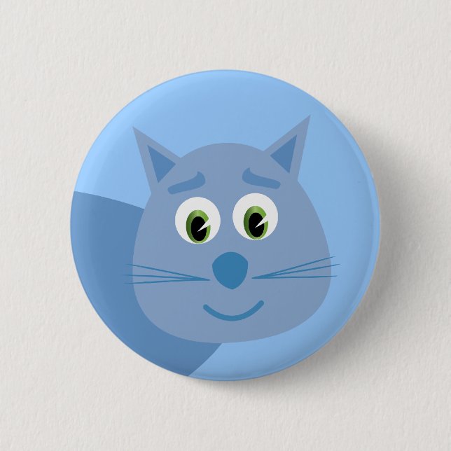 Smiling blue cartoon cat button / badge (Front)