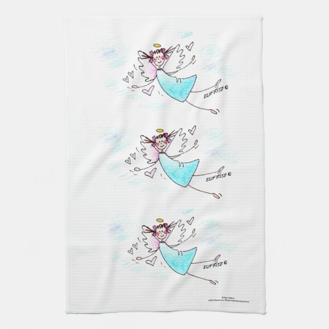 Smiling blue gowned angel bringing hearts of love kitchen towel (Vertical)