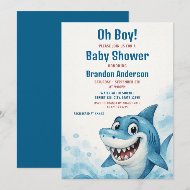 Smiling Blue Shark Boy Baby Shower Themed Invitation (Front/Back)