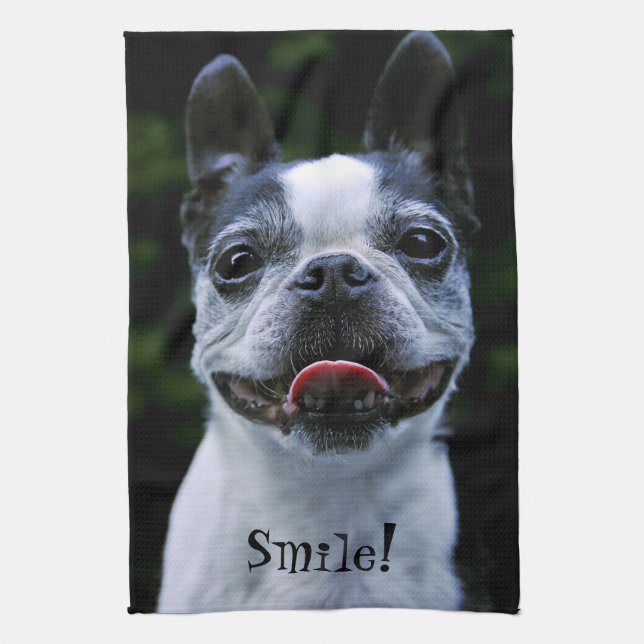 Smiling Boston Terrier Kitchen Towel (Vertical)