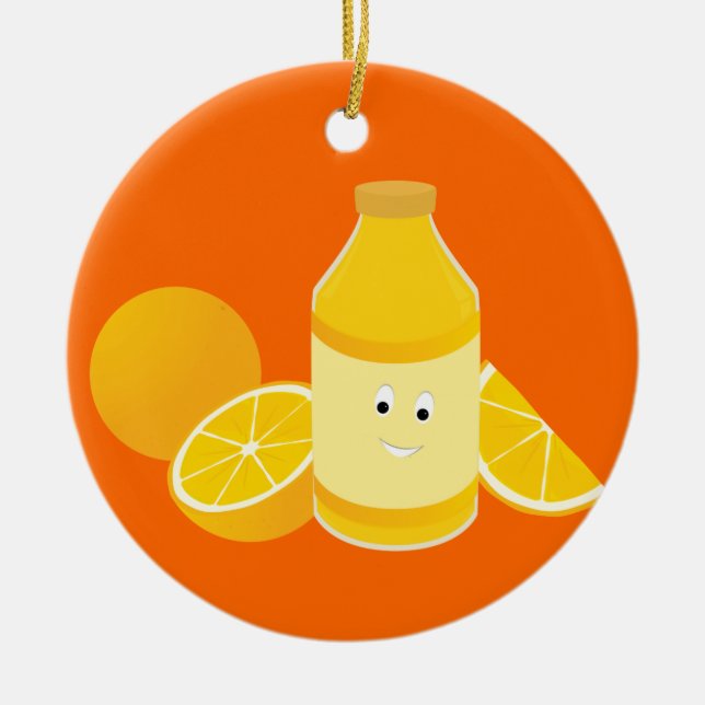 Smiling bottle of orange juice with oranges ceramic ornament (Front)