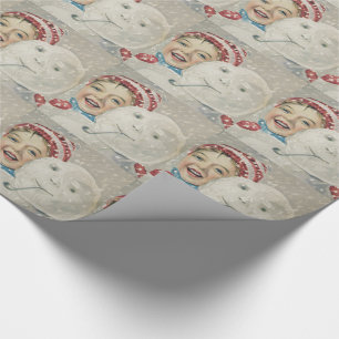 Smiling Boy Snowman Snow Pipe Knit Hat Wrapping Paper