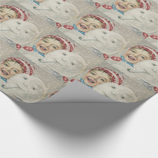 Smiling Boy Snowman Snow Pipe Knit Hat Wrapping Paper