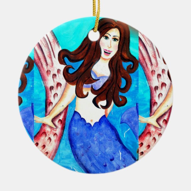 smiling brunette mermaid ceramic ornament (Front)