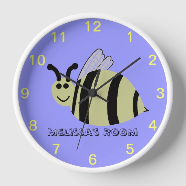 Smiling Bumble Bee Kids Numbered Purple Wall Clock (Front)