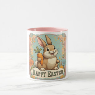 Smiling Bunny with Carrot Floral Happy Easter  Mug