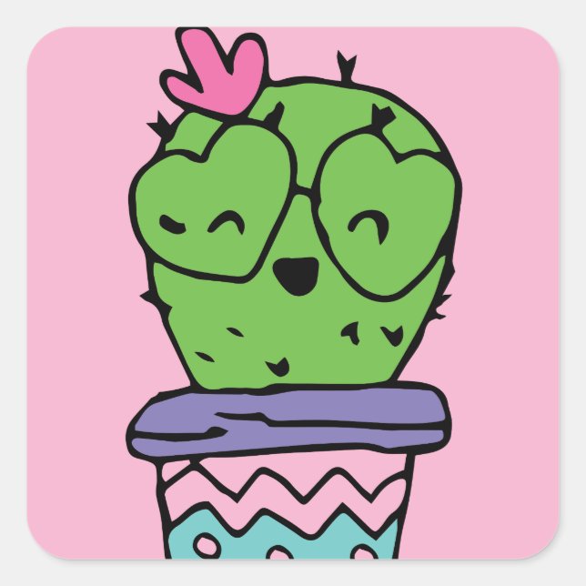Smiling Cactus Art Valentines Art Valentines Drawi Square Sticker (Front)