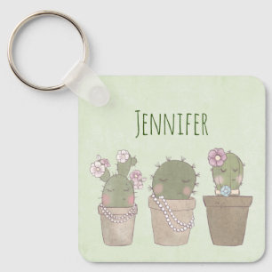 Smiling Cactus Trio Watercolor Design Keychain