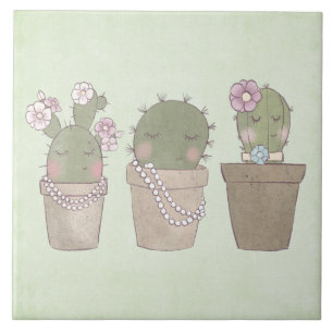 Smiling Cactus Trio Watercolor Design Tile