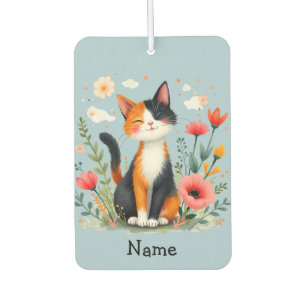 Smiling Calico Cat in Blooming Garden Air Freshener