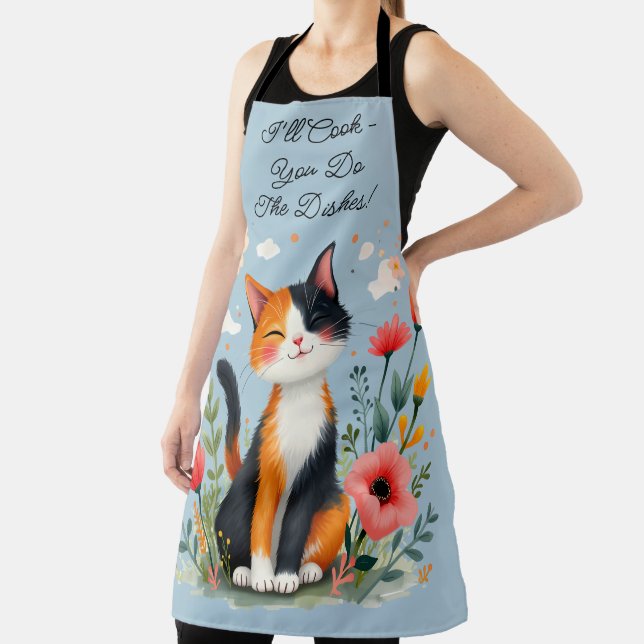 Smiling Calico Cat in Blooming Garden Apron (Insitu)