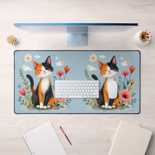 Smiling Calico Cat in Blooming Garden Desk Mat (Office 1)