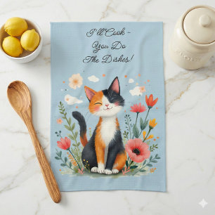 Smiling Calico Cat in Blooming Garden Kitchen Towel